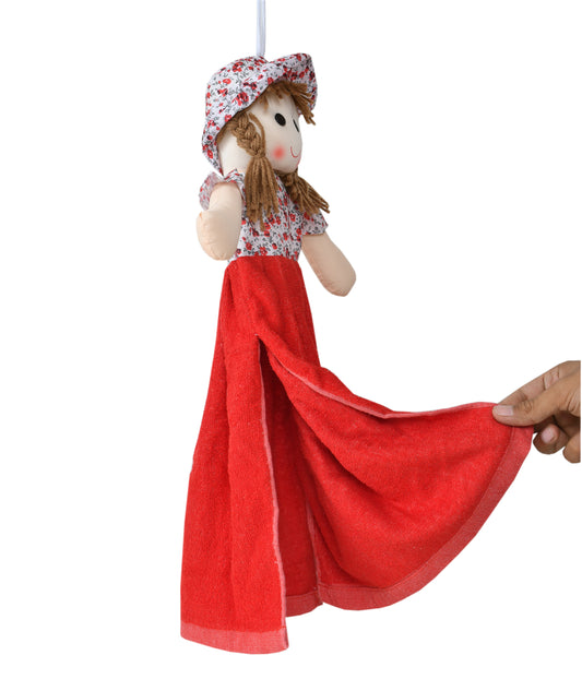 HABITATION Doll Hanging Cotton Towel Washbasin Hand Towel for Kitchen and Bathroom Doll Look Hanging Hand, Face Cotton Towel 100% Washable (Pink)