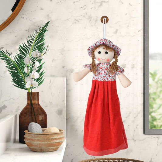 HABITATION Doll Hanging Cotton Towel Washbasin Hand Towel for Kitchen and Bathroom Doll Look Hanging Hand, Face Cotton Towel 100% Washable (Pink)